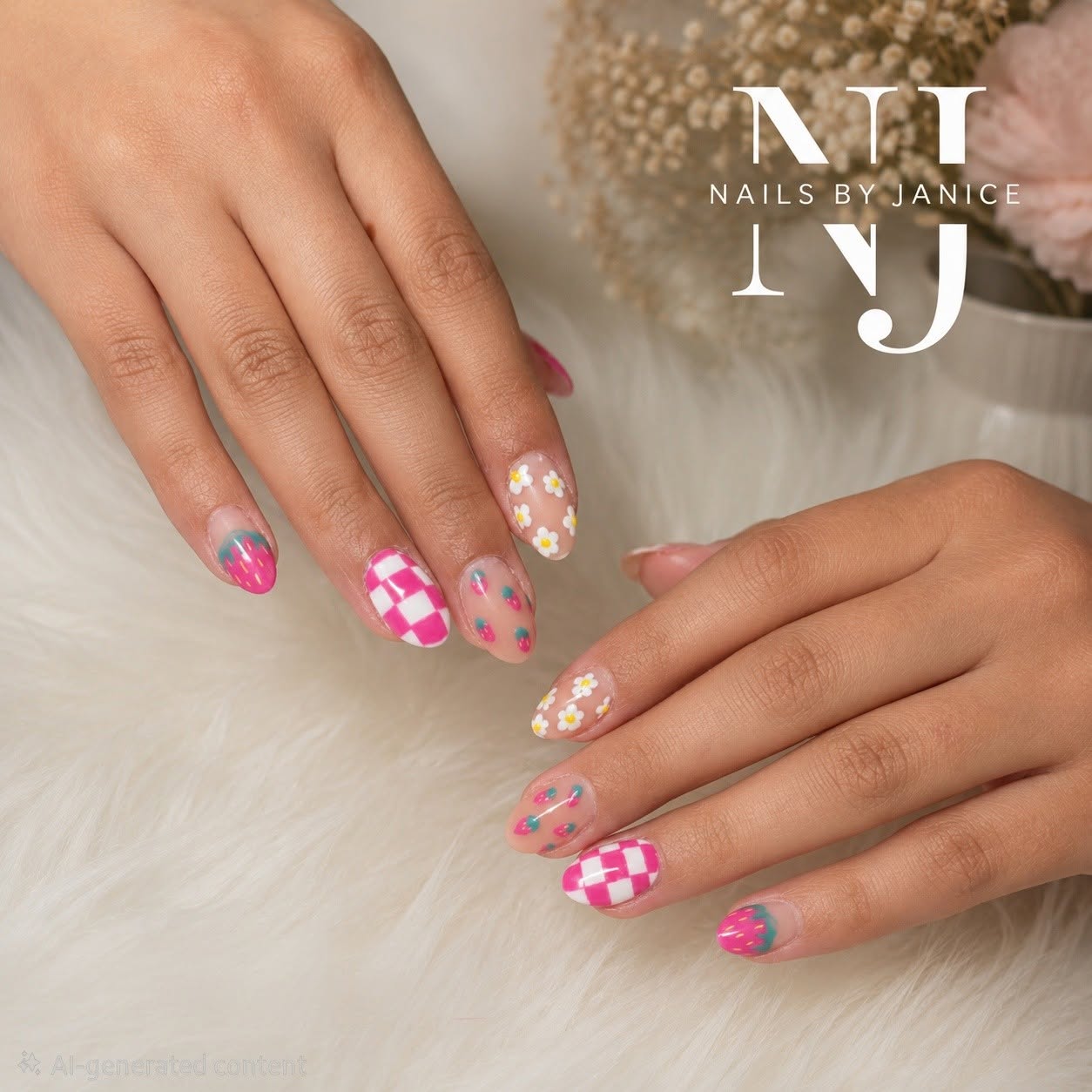 Pink checkerboard, daisy and strawberry nail art set