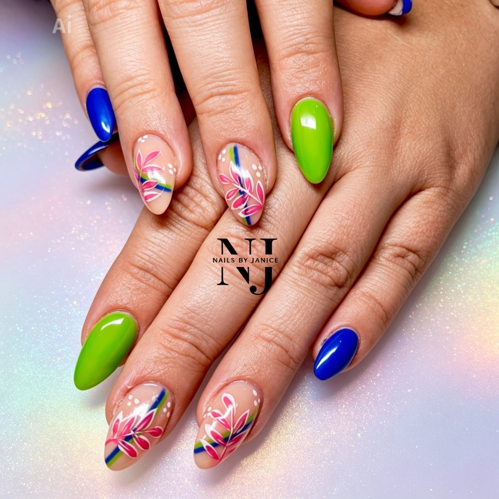 Blue, lime green and pink floral almond nails