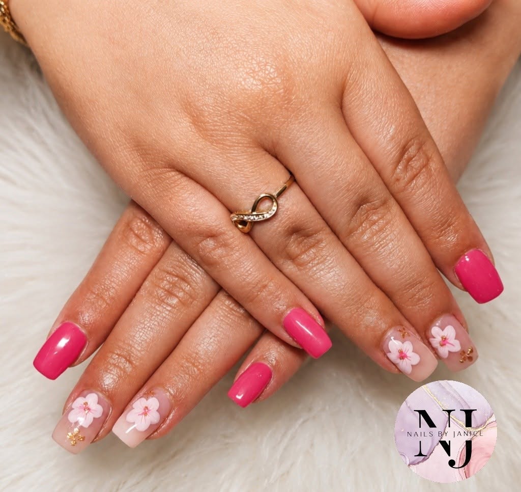 Hot pink square nails with 3D flower accent nails